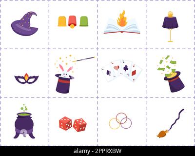 Magician Illusionist Conjuring Tricks and Waving a Magic Wand above his Mysterious Hat on a Stage in Template Hand Drawn Cartoon Flat Illustration Stock Vector