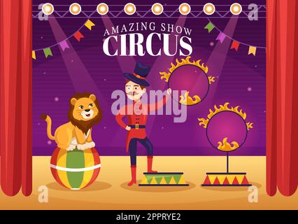 Circus Template Hand Drawn Cartoon Flat Illustration with Show of Gymnast, Magician, Animal Lion, Host, Entertainer, Clowns and Amusement Park Stock Vector