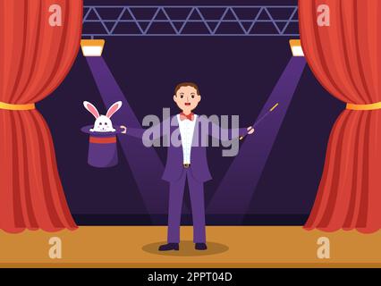 Magician Illusionist Conjuring Tricks and Waving a Magic Wand above his Mysterious Hat on a Stage in Template Hand Drawn Cartoon Flat Illustration Stock Vector