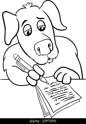 cartoon writer or poet dog writting on paper coloring page Stock Vector