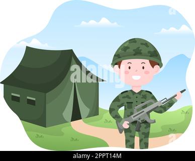 Military Army Force Template Hand Drawn Cute Cartoon Flat Illustration with Soldier, Weapon, Tank or Protective Heavy Equipment Stock Vector