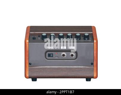 Acoustic guitar amplifier isolated on white background, back side Stock Photo