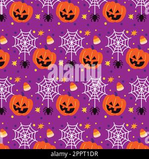 Bright seamless pattern with pumpkins and spiders on purple background Stock Vector