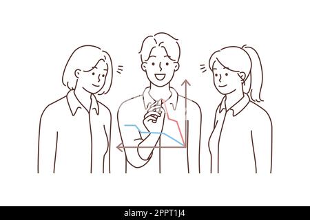 Smiling businesspeople work discuss financial chart Stock Vector