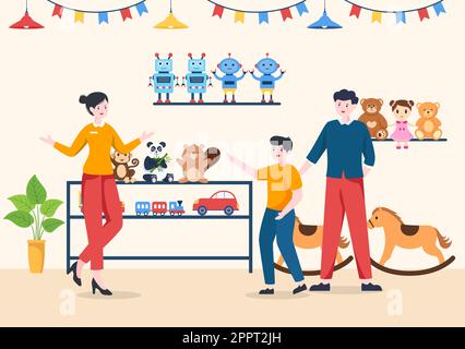 Kids Shop Building Template Hand Drawn Cartoon Flat Style Illustration with Children Equipment such as Clothes or Toys for Shopping Concept Stock Vector