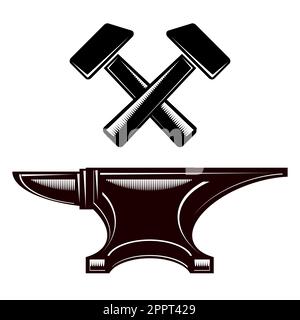 Anvil and Hammer Icons Isolated on White Background. Industrial Logo Design. Stock Vector