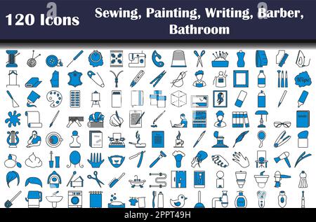 120 Icons Of Sewing, Painting, Writing, Barber, Bathroom Stock Vector