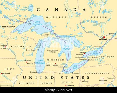 Great Lakes of North America, series of freshwater lakes, political map Stock Vector