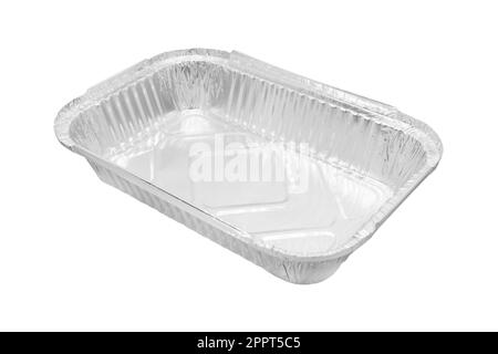 Foil baking dish closeup isolated on a white background. Empty disposable square aluminium foil baking dish isolated on white Stock Photo