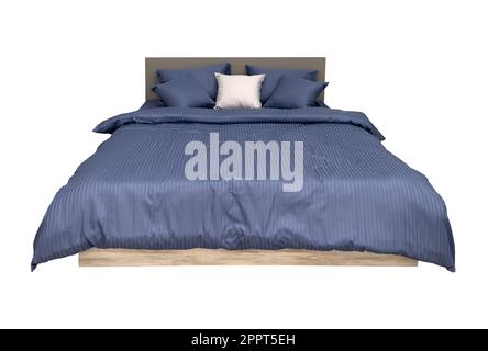 Elegant cozy bed with headboard, blanket and pillows isolated  on white background. Bed with a blanket and pillows isolated Stock Photo