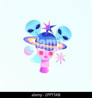 Psychedelic surreal illustration. Portrait of a woman with a planet and aliens. Space design. Contemporary art. Print for clothes, phone case, poster, notebook Stock Vector