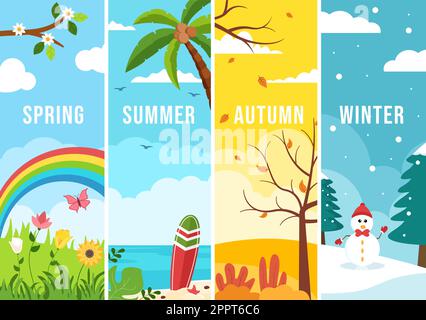Scenery of the Four Seasons of Nature with Landscape Spring, Summer, Autumn and Winter in Template Hand Drawn Cartoon Flat Style Illustration Stock Vector