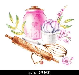 Baking tools, flowers watercolor composition on a white background. Isolated illustration for decoration, restaurant, confectionery, menu, postcard, l Stock Photo