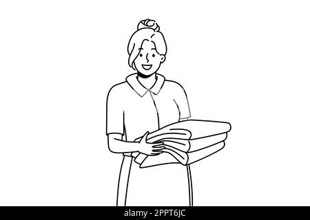 Smiling housekeeper with stack of towels Stock Vector