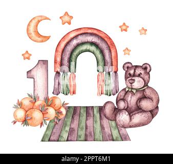 Watercolor illustration in boho style with a teddy bear for the first anniversary of the birth of a baby on white. Illustration isolated for design ho Stock Photo