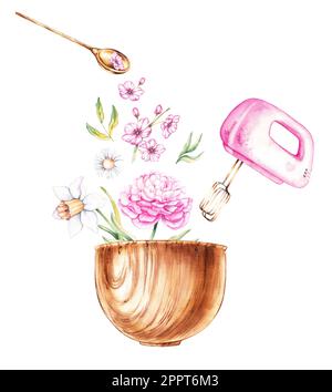 Watercolor mixer with bloom on white background. Composition with  watercolor floral elements. For bakery or Women design. Beauty stile. Hand  drawn illustration. Stock Illustration