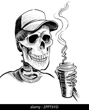 Human skeleton in cap drinking a cup of coffee. Hand-drawn ink on paper retro styled sketch Stock Photo