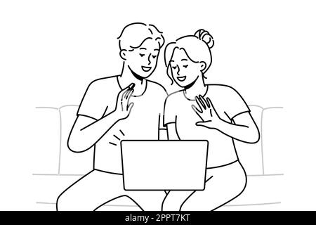 Smiling couple talk on video call on computer Stock Vector
