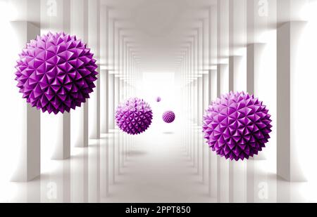 abstract 3d drawing of wallpaper from a dynamic tunnel and purple spiky balls from triangles that go into the distance Stock Photo