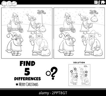 differences game with Santa Clauses characters coloring page Stock Vector