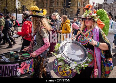London, UK. 24th Apr, 2023. A band participates during the demonstration march to put an end to fossil fuel. The Big One is a four day action from 21-24 April 2023 with an invitation to everybody to Unite to Survive, where people from all groups and movements, not just XR, will gather throughout Westminster and at the Houses of Parliament.More than 200 organisations are supporting - including Greenpeace, Friends of the Earth and PCS Union to name but a few. Credit: SOPA Images Limited/Alamy Live News Stock Photo