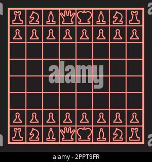 Neon chessboard and chess pieces line figures red color vector illustration image flat style Stock Vector