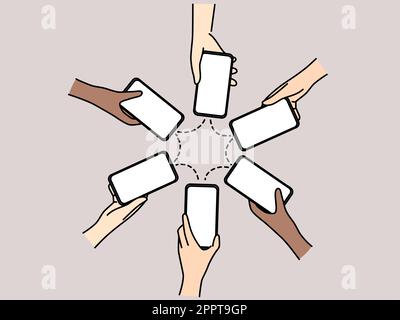 People hands in circle holding smartphones Stock Vector