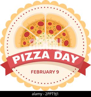 National Pizza Day on Celebration February 9 by Consuming Various Slice in Flat Cartoon Style Background Hand Drawn Templates Illustration Stock Vector