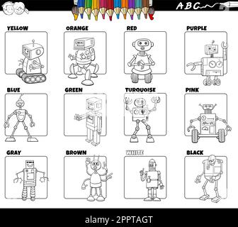 basic colors with robots characters set coloring page Stock Vector