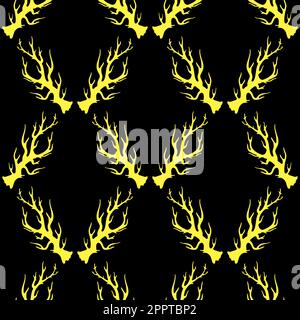 illustration with animal gold horns silhouettes isolated on black background. Seamless pattern. Stock Vector