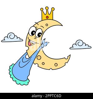 crescent moon with smiling face with crown, doodle icon image Stock Vector