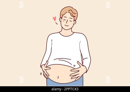 Smiling fat man touching big belly Stock Vector