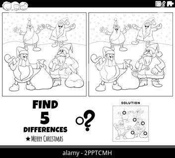 differences game with Santa Clauses characters coloring page Stock Vector