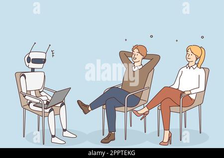 Businesspeople watch robot working on computer Stock Vector