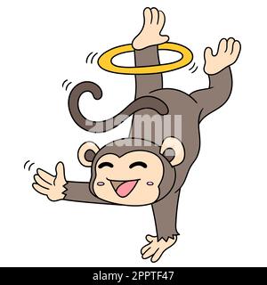 a cute monkey boy performing a standing circus with one hand, doodle icon image Stock Vector