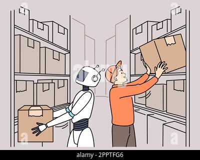 Robot helping male worker in warehouse Stock Vector