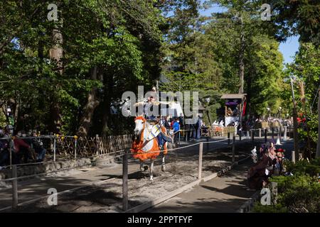 Yabusame (Japanese horseback archery) archer aims on target. 65th Kamakura Festival on April 16, 2023 in Tsurugaoka Hachimangu Shrine in Kamakura, Japan. Credit: Stanislav Kogiku/AFLO/Alamy Live News Stock Photo