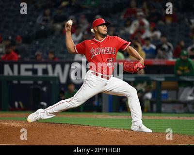 ANAHEIM, CA - APRIL 24: Los Angeles Angels first baseman Brandon Drury (23)  in the dugout wearing a Kabuto after hitting a home run in the tenth inning  during an MLB baseball