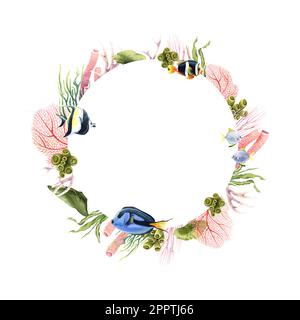 Wreath with underwater corals, plants and tropical fish. Hand drawn watercolor illustration isolated on white Stock Photo