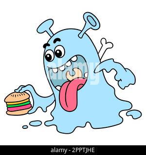 hungry monsters brought hamburgers to eat, doodle icon image kawaii Stock Vector
