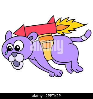 the tiger flies using a rocket on its back, doodle kawaii. doodle icon image Stock Vector