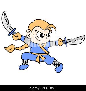 a ninja practicing using two sharp swords, doodle icon image Stock Vector