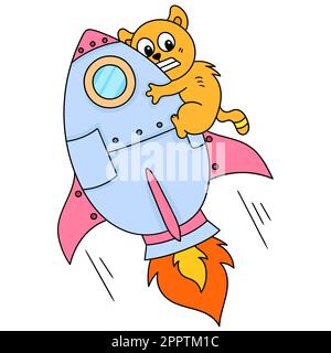 a frightened cat is holding on to a rocket flying into the sky, doodle icon image Stock Vector