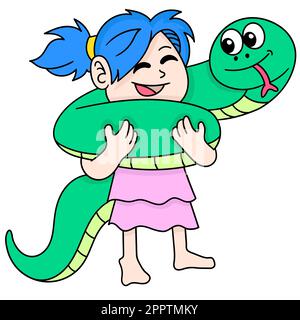 the girl playing with the big pet python, doodle icon image kawaii Stock Vector