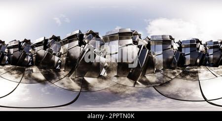 360 degree full panorama environment map of metallic wall of futuristic building in sunny day lighting 3d render illustration vr virtual reality Stock Photo