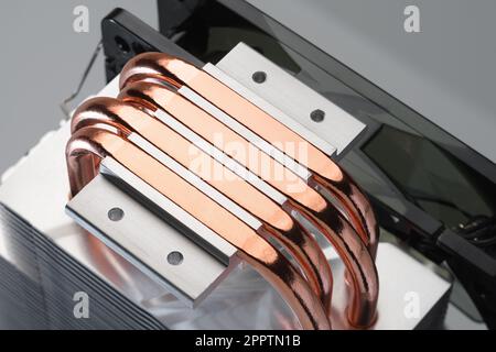 CPU Cooler copper heat pipes close-up macro shot. Stock Photo