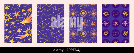 Set of vector illustrations of abstract celestial bodies. Constellations, stars, planets. Space universe. Esoteric cosmic designs for posters, notebook covers. Purple and yellow colors Stock Vector