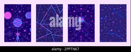 Set of vector illustrations of abstract celestial bodies. Constellations, stars, planets. Space universe. Esoteric cosmic designs for posters, notebook covers. Blue and pink colors Stock Vector