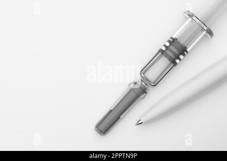 Pre-filled syringe and ballpoint pen with copy cpace . 3D rendering illustration. Stock Photo