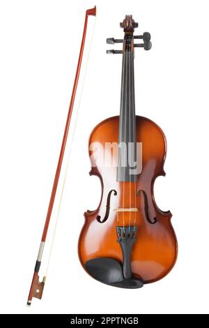 Violin with bow isolated on white background. Stock Photo